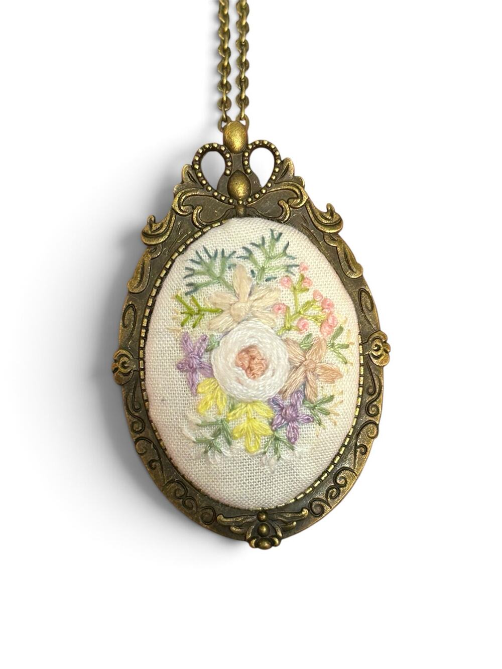 Handmade Botanical Colorful Rose Embroidered Pendant / Broach